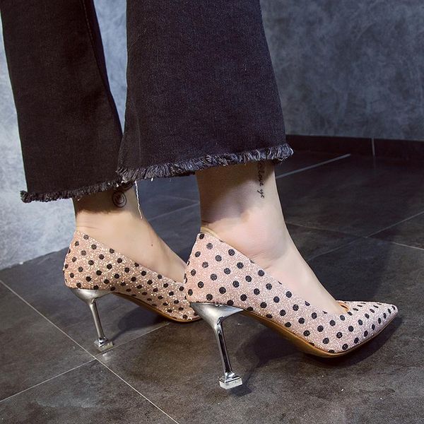 

small fresh polka-dot pointed cat with beef tendon sole shoes women dress, Black