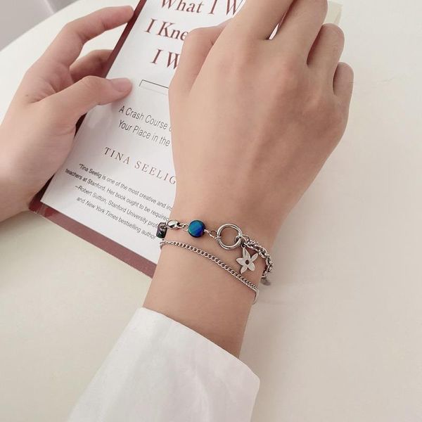 

link, chain flower bracelets women layeredbangles woman splicing beaded light luxury round card bracelet fashion alloy pulseras, Black
