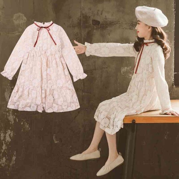 

girls' spring and autumn pure princess dress pink korean lace dress long sleeve skirt, Red;yellow
