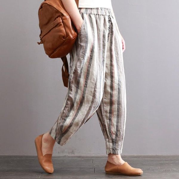 

women's pants & capris 2021 autumn loose simple striped retro nine point elastic high waist slimming casual women harem, Black;white