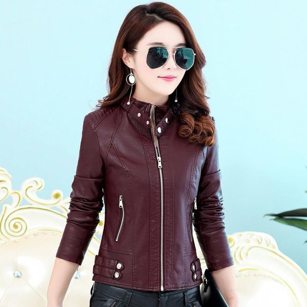 

women's leather & faux 2021 spring and autumn women 's clothing slim fit korean style slimming all -matching stand collar small co, Black