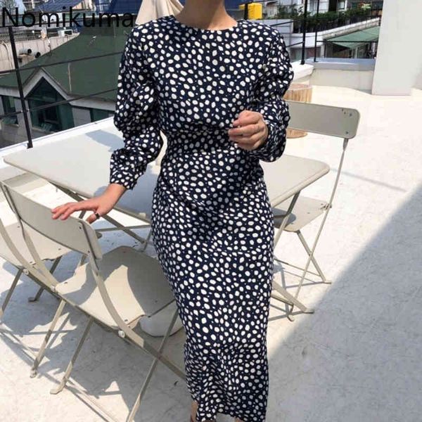 

nomikuma korean vintage long sleeve dress women floral printed o neck slim waist mid calf dresses split vestidos mujer 3c966 210514, Black;gray