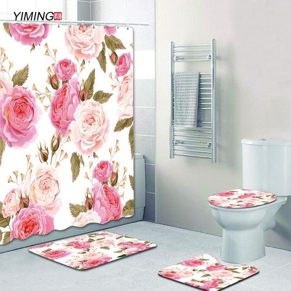 

180x180 bathroom shower curtain set 3d color peony flower printed non-slip carpet toilet cover cushion curtains