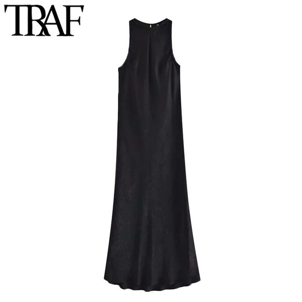 

traf women chic fashion soft touch black midi dress vintage o neck sleeveless female dresses vestidos mujer 210415, Black;gray