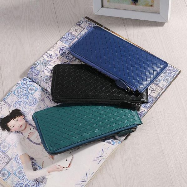 

wallets woven hand wallet women's long ultra-thin simple holder change pouch 2021 fashion 100% sheepskin, Red;black