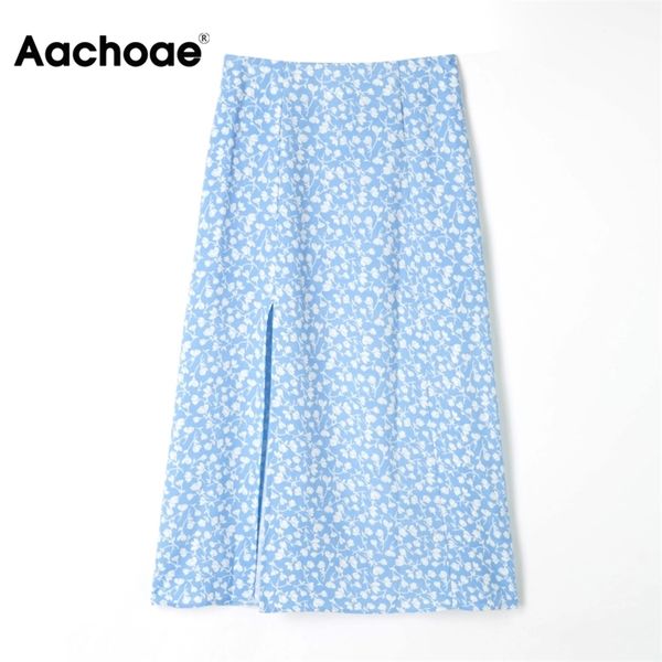

aachoae summer women floral printed sweet skirts fenale a line split beach high waist back zipper boho midi 210708, Black