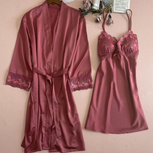 

wedding robe suit bridal satin lace sleepwear kimono bath gown v-neck nightgown loose casual home wear 2021 nightwear women's, Black;red