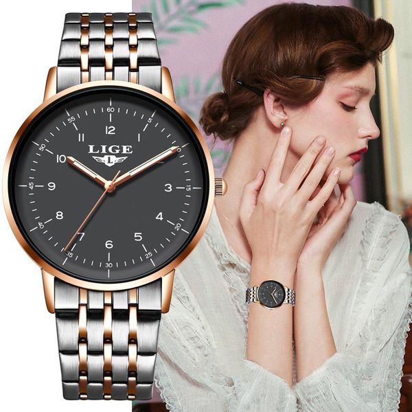 

wristwatches lige women watch bracelet japan quartz movement simple waterproof rose gold stainless steel ladies watches gift relogio feminin, Slivery;brown