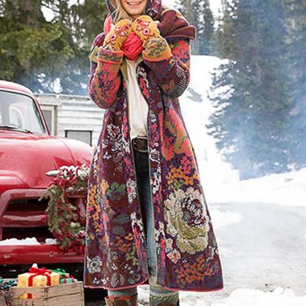 

women's wool & blends women print turn down collar buttons hooded long sleeve jacket coat 2021 winter vintage knitted elegant, Black