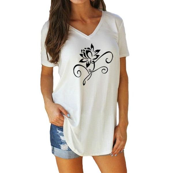 

women's t-shirt fashion lotus art cartoon full t shirt summer casual loose cotton short sleeve v-neck tee, White