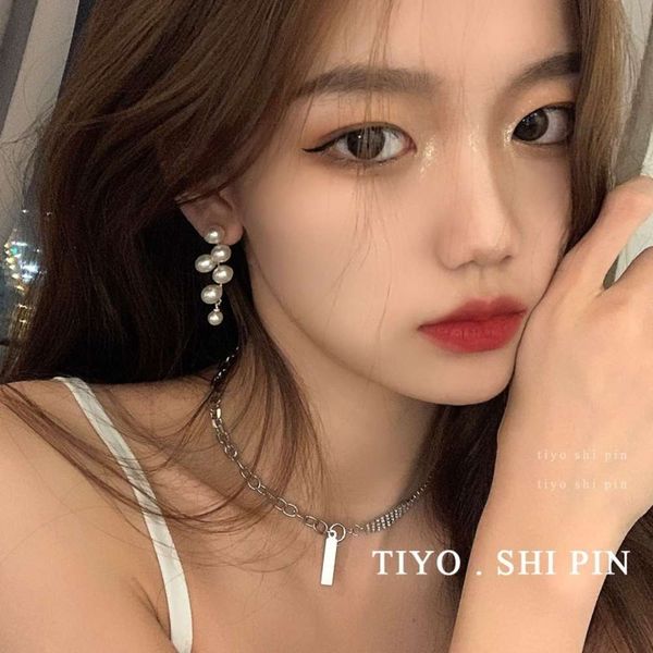 

s925 silver needle pearl tassel temperament earrings, Black