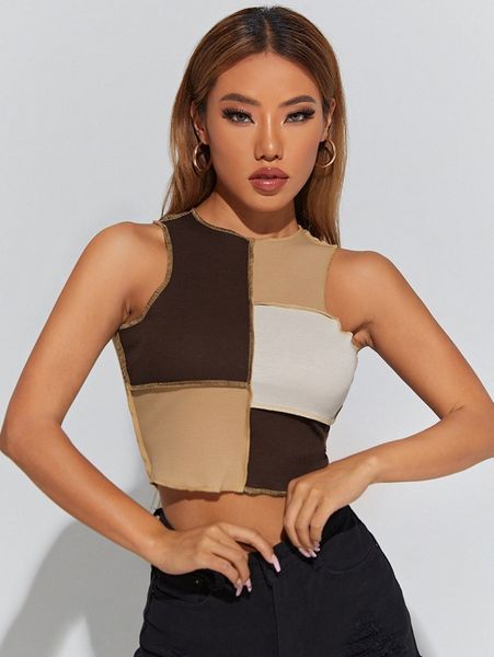

colorblock stitching round neck tank c1r2#, White