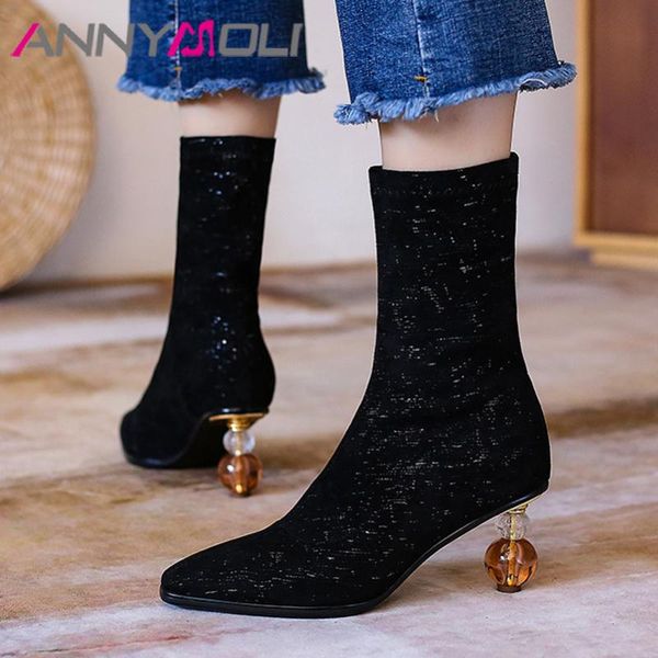 

boots annymoli ankle high heel woman strange style short square toe ladies shoes autumn winter black size 33-39