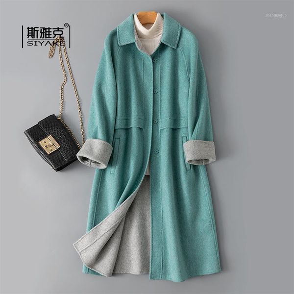 

yellow color matching double-sided cashmere overcoat women's mid long autumn winter 2021 korean high-end slim fitting woolen wool & ble, Black