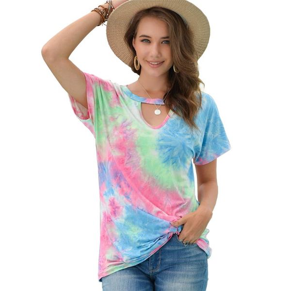 

summer streetwear tie dye print tee shirt short sleeve hollow out household blouse harajuku camiseta mujer shirts femme women's blouse, White