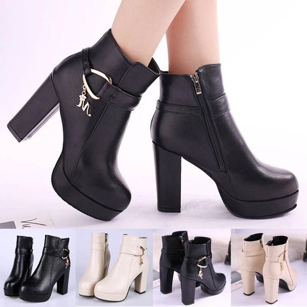 

boots leisure boot waterproof round head high heels zipper ankle zapatos de mujer fashion women shoes western party, Black
