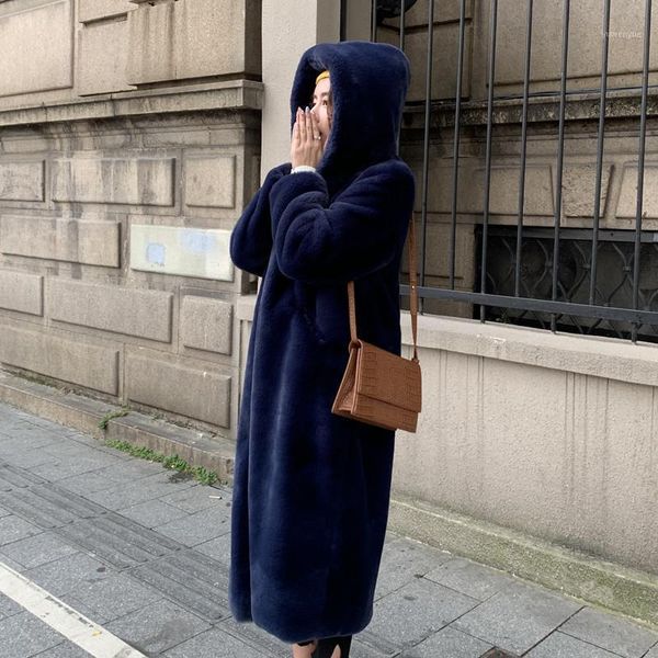 

women's fur & faux winter korean women casual long coat 2021 fashion loose hooded overcoat sleeves thick warm outerwear female, Black