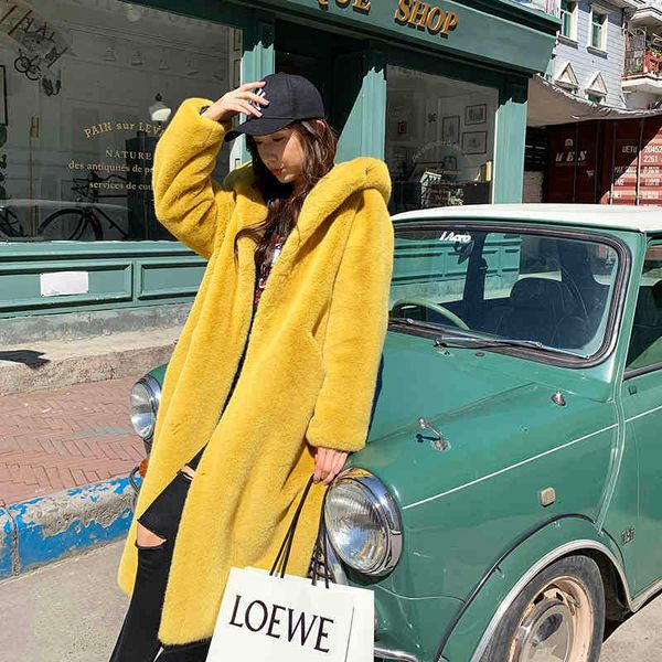 

women's wool & blends winter thick warm faux rabbit hair coat women korean fashion long hooded overcoat loose blue yellow gre bmye, Black