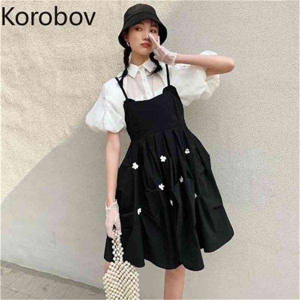 

korobov korean new chic flower women dress summer sweet dresses vintage black spaghetti strap robe femme 210430, Black;gray