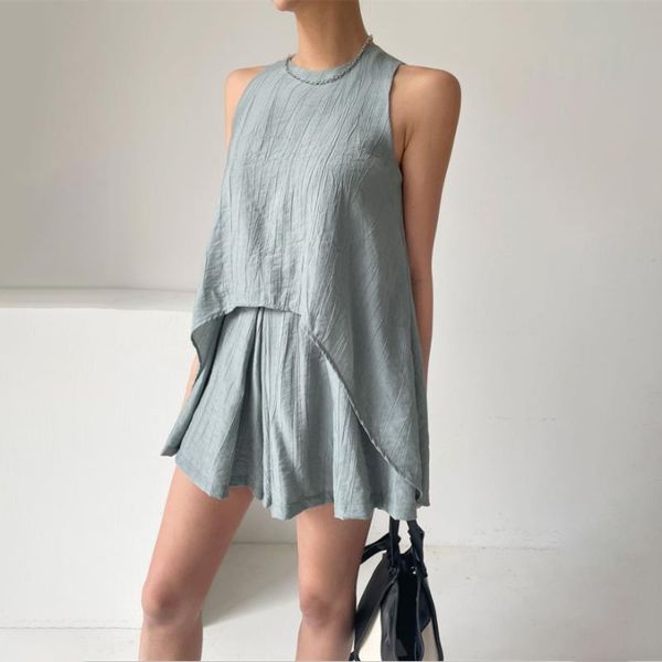 

women's tracksuits korea round neck loose irregular off shoulder vest + high waist casual wide leg shorts chic two-piece set suit cloth, Gray