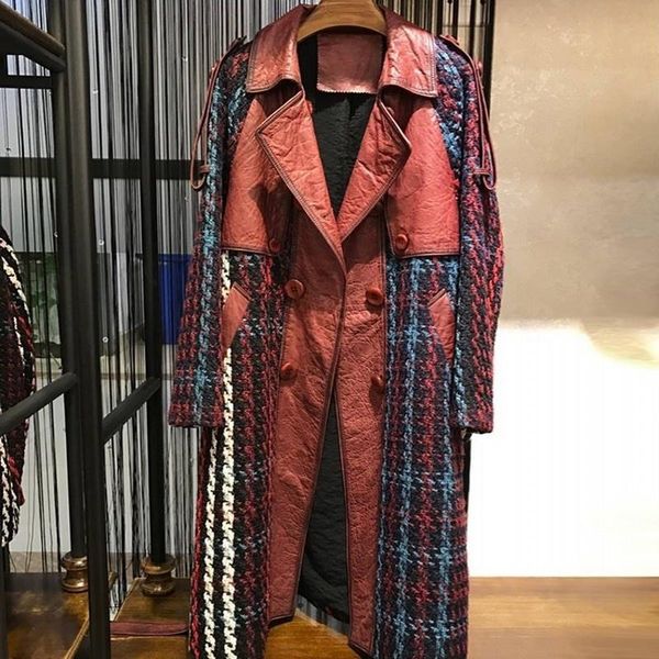 

women's leather & faux adjustable lapel waist sheepskin patchwork tweed jackets women real medium length slim fit worm coats, Black