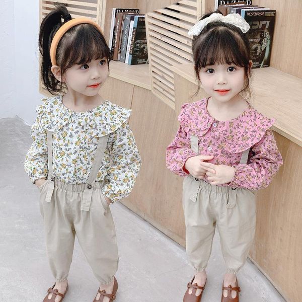 

clothing sets 2021 girl suit autumn korean version of small floral long-sleeved ruffled shirt bib baby fashionable two-piece, White