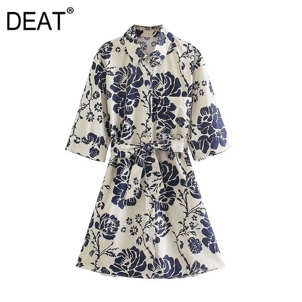 

[deat] women summer fashion turn-down collar high waist half sleeve printing elegant mini dress 13q387 210527, Black;gray