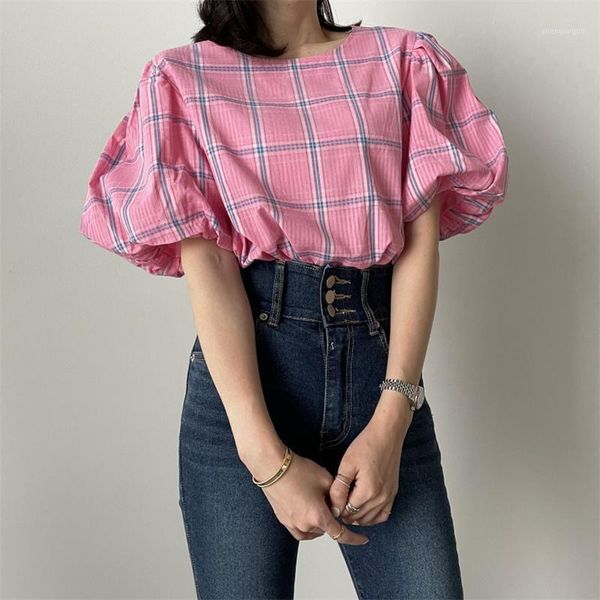 

women's blouses & shirts design loose niche puff sleeve plaid shirt, White