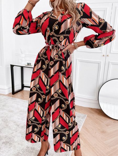 

geo & chain print belted wide leg jumpsuit 72kp#, White