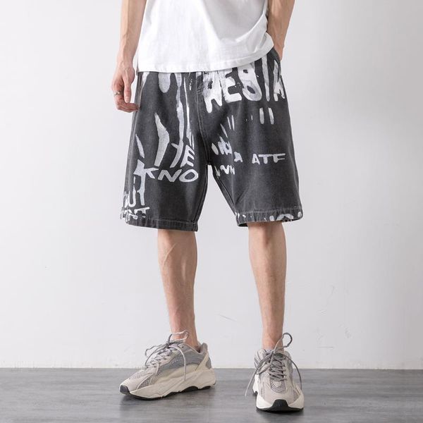 

men's jeans graffiti print trendy street shorts hip hop loose capris summer black grey dark, Blue