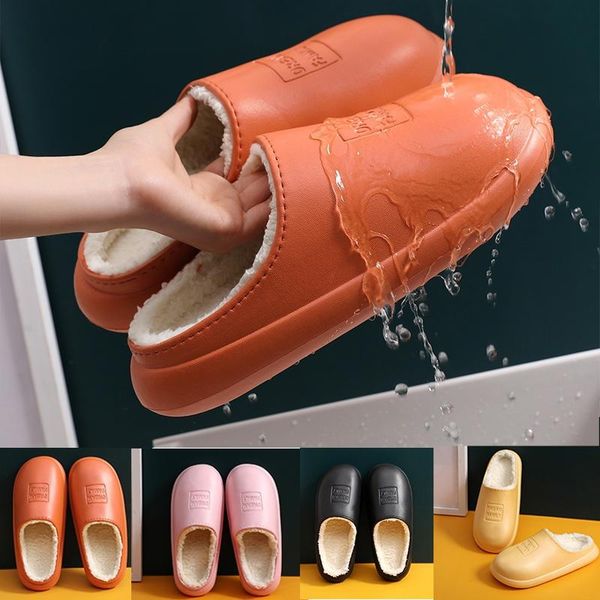 

waterproof non-slip home slippers winter warm women indoor cotton non-slips ladies soft memory foam couples shoes, Black
