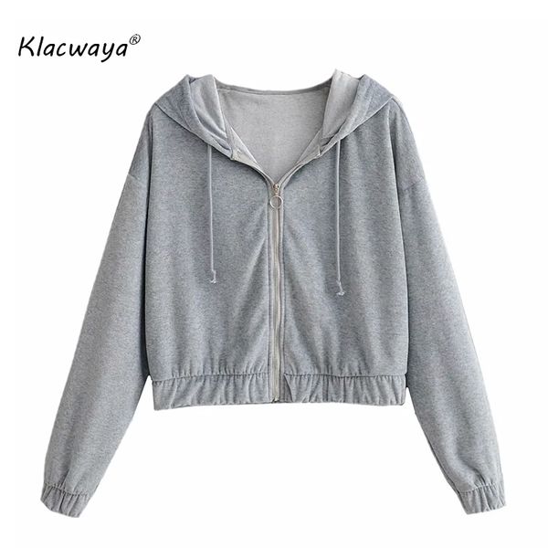 

women vintage stylish gray hooded sweatshirts long sleeve zipper elastic female short jackets girls chic 210521, Black