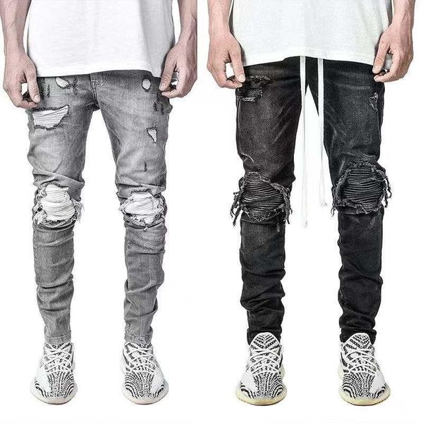 

men's jeans 2021 men knee stripe hole ripped stretch skinny denim solid color black gray hip-hop style slim distressed trousers s-3xl, Blue