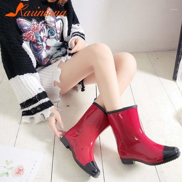 

boots plus size 36-40 leisure shoes women 2021 arrivals slip-on rain mixed color round toe square thick heels waterproof1, Black