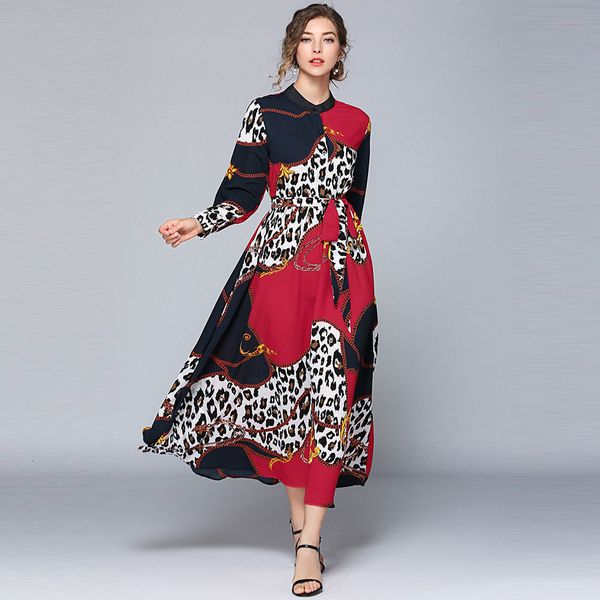 

borisovich vintage leopard print women casual long fashion runway style elegant a-line ladies party es n1126, Black;gray