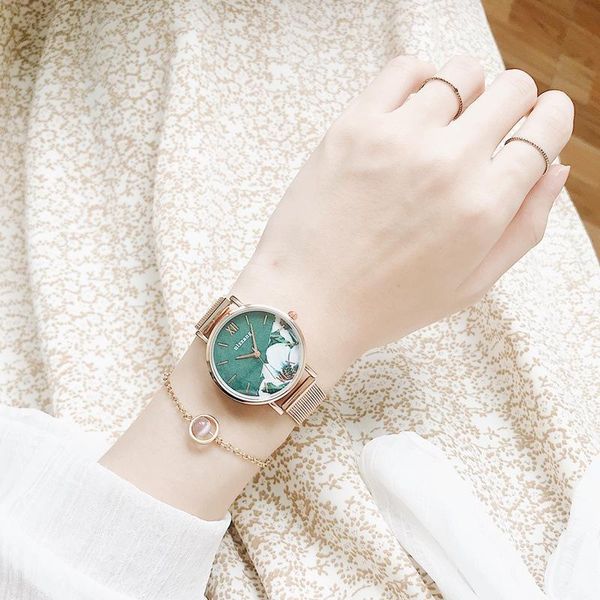 

wristwatches flowers splice design elegant ladies watch 2021 luxury fashion ulzzang brand women watches gold mesh strap female quartz clock, Slivery;brown