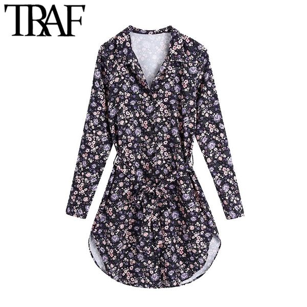 

traf women fashion with belt floral print mini shirt dress vintage long sleeve button-up female dresses vestidos mujer 210415, Black;gray