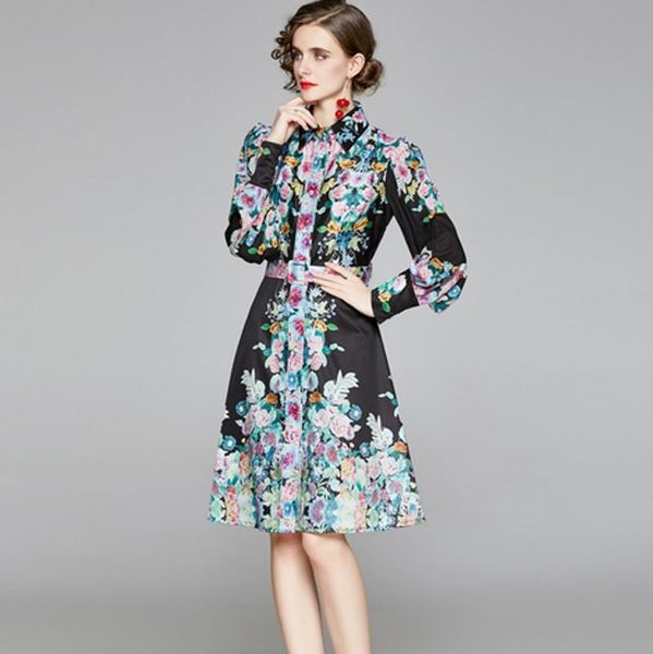 

casual dresses 2021 autumn vintage flower print dress fashion women turn down collar long sleeve party, Black;gray