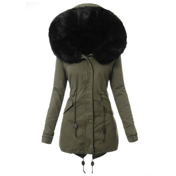 

women's wool & blends ladies winter faux fur lining hooded long sleeve thicken plus cashmere overcoat jacket medium removable parka coa, Black
