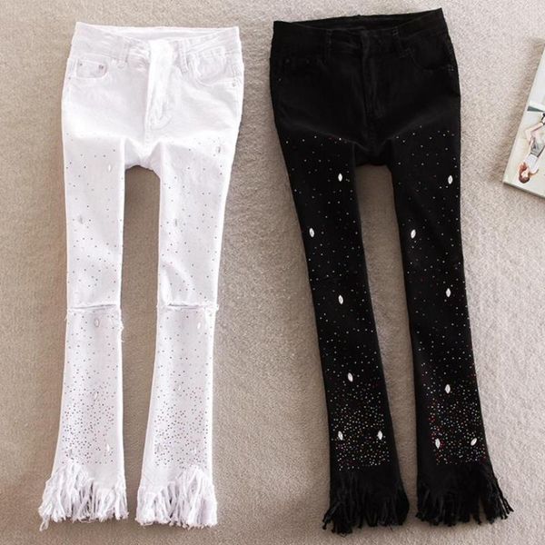 

women's jeans bead hole fashion trousers diamond female pants irregular, Blue