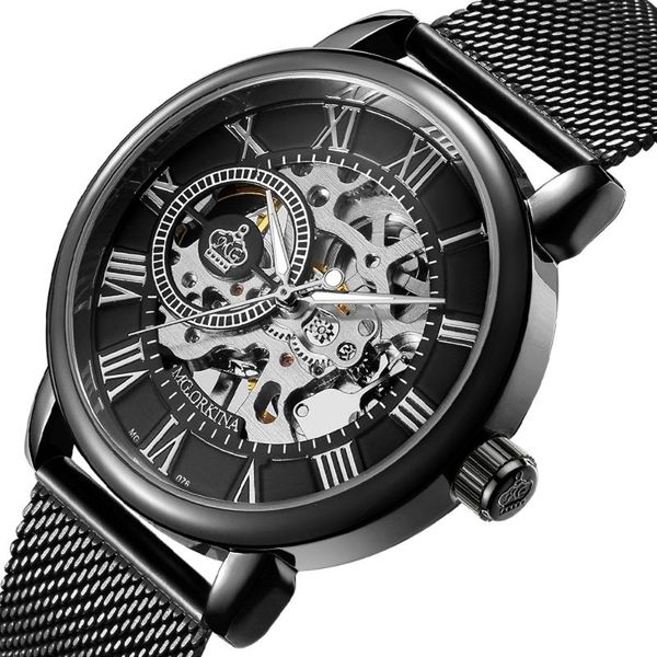 

wristwatches orkina black skeleton stainless steel waterproof luminous hand rome number men mechanical wind watch relogio masculion 2021, Slivery;brown