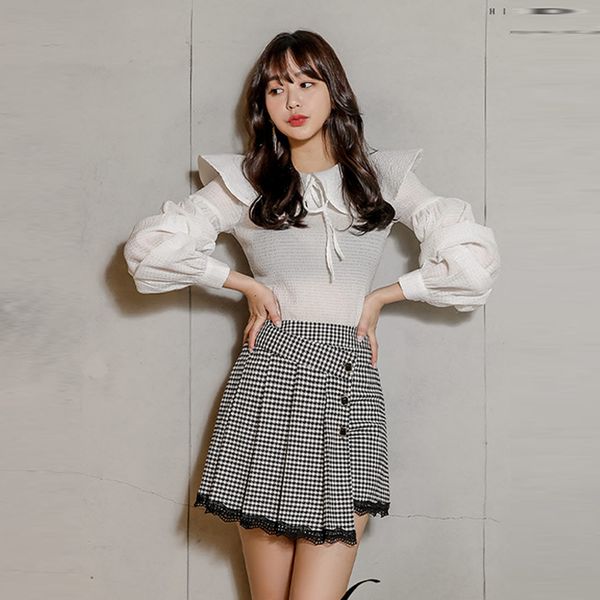 

two piece dress 2021 new korean version spring and autumn style lotus leaf cape collar frenulum thousand bird lattice lace ski, White