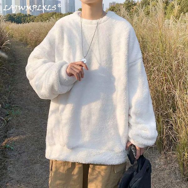 

men's hoodies & sweatshirts korean pullover hoodie mens thicken plus fleece fashion casual lamb wool sweatshirt men streetwear wild loo, Black