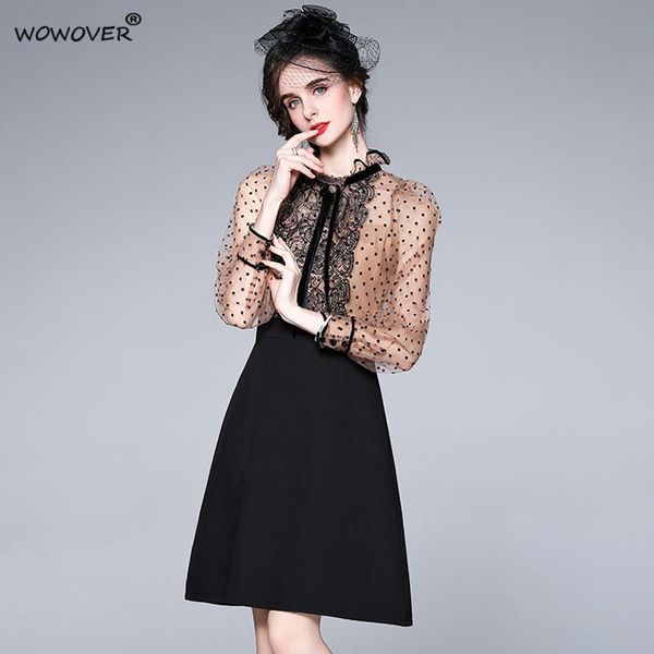 

casual dresses runway women autumn fashion polka dot patchwork mesh dress long sleeve party vestidos elegant vintage robe femme, Black;gray