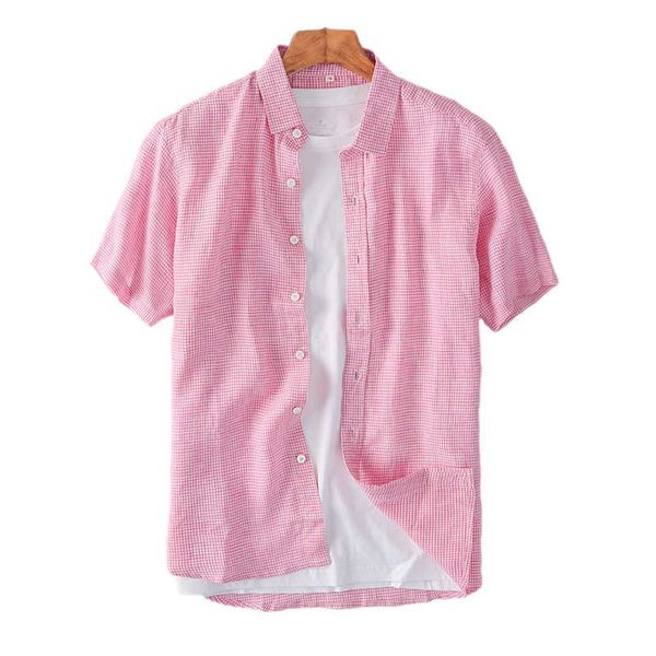 Hahnentritt-Plaid-Kurzarm-Hemden-Hemden-Hemden für Männer-Abschleppungskragen Casual Tops Sommerwäsche Basic Rosa Slim Fit Männliche Kleidung 210601