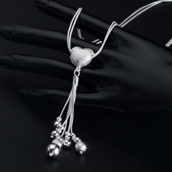 

pure silver 925 necklaces for women heart beads tassel long & pendants choker female collier wedding party jewelry chokers, Golden;silver