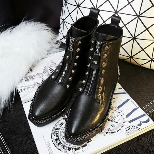

boots rivets design women autumn winter shoes woman motorcycle black leather botas mujer zipper front decor ankle botines