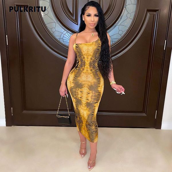 

casual dresses pulkritu sleeveless snake print dress women spaghetti strap skew collar bodycon long party night clubwear 2021, Black;gray
