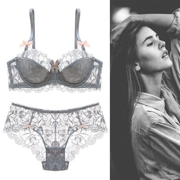 

bra set lace half gathered thin cup underwear suit, Red;black