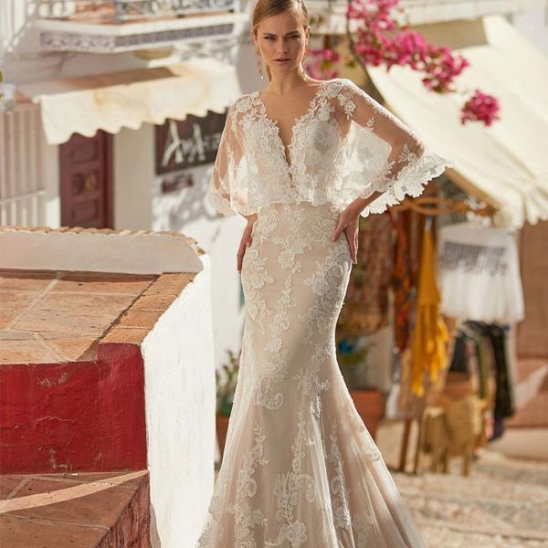 

other wedding dresses summer simple lace mermaid dress v neck batwing sleeve backless bridal gowns sweep train elegant custom made plus1, White